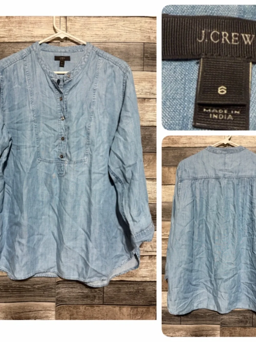 J Crew Chambray Popover Blouse Top Women’s 6 Blue Long Sleeve Lyocell